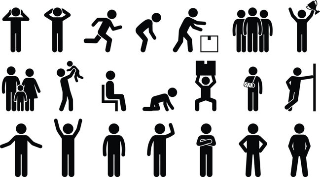 Large set of stick figure people icons depicting family lifestyle actions business and medical situations isolated on white background