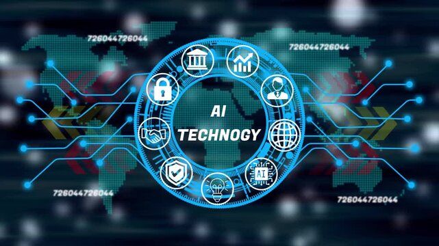 ai technology concept with futuristic digital business interface, professional motion graphics for corporate management on dark background. 4k video