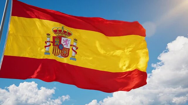 The national flag of spain waving against a bright blue sky with clouds