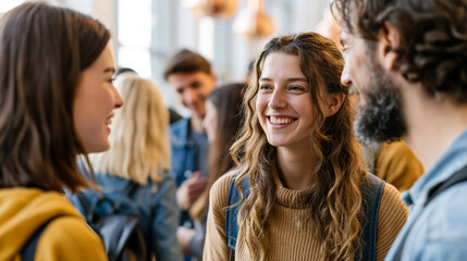 Fototapeta premium Smiling Caucasian woman engages in conversation with friends at a social event.
