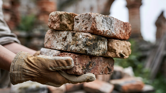 A person with gloves carrying a stack of aged bricks outdoors.