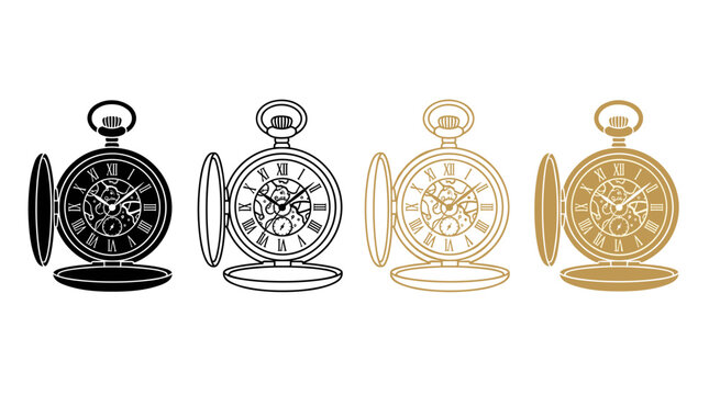 Illustration Set of Antique Pocket Watches in Various Styles and Colors Representing Time and History