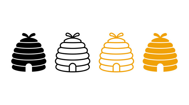 Set of four stylized beehive icon illustrations in yellow and black depicting outline and solid versions