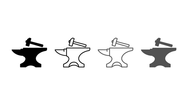 Anvil and Hammer Icon Set: Four Variations of Blacksmith Tools Representing Craft and Construction