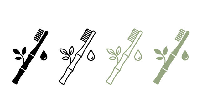 Illustration Set of Eco-Friendly Bamboo Toothbrush Icons with Leaf and Waterdrop Motifs in Green and Black