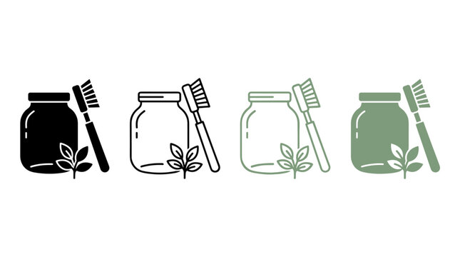 Eco-friendly Cleaning Icons: Set of Jars with Brushes and Leaves for Sustainable Home Maintenance