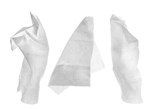 Set white disposable wet wipes isolated on background, clipping path