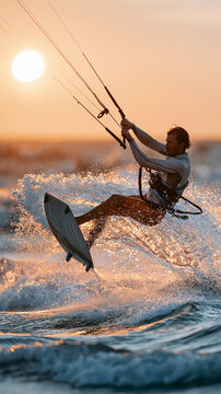A male kitesurfer leaps over waves at sunset, showcasing energy and skill.