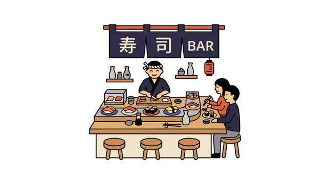 Traditional Japanese sushi bar with chef and diners.