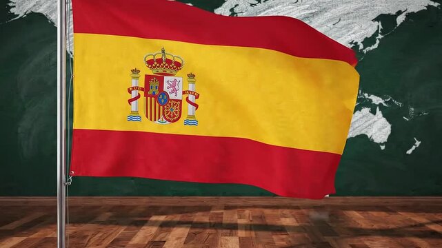 Flag of spain waving on a flagpole in a classroom with a world map drawn on a green chalkboard background