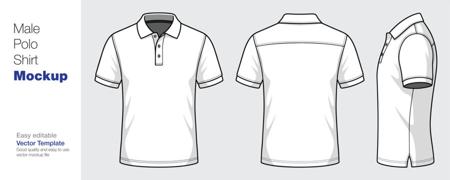 Men's White Polo Shirt Mockup Vector Template - Front, Back, and Side View