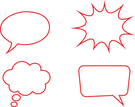 Set of four comic book style speech bubbles and thought balloons with red outlines on a white background, for and comics