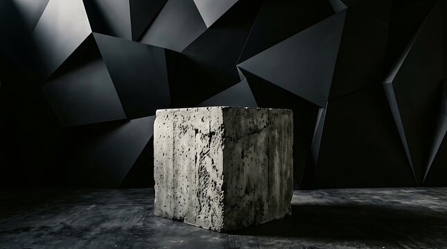 Concrete cube display against geometric black wall minimalist product showcase