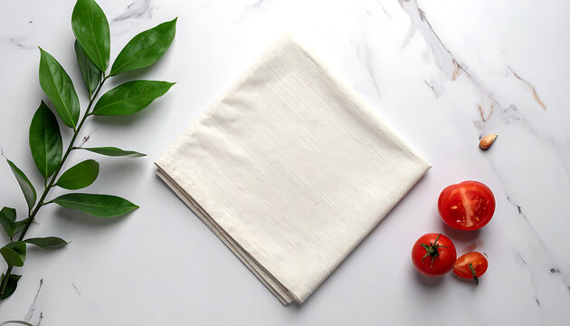 Folded beige linen napkin on marble table with green leaves and fresh tomatoes, rustic kitchen tabletop layout, food photography background