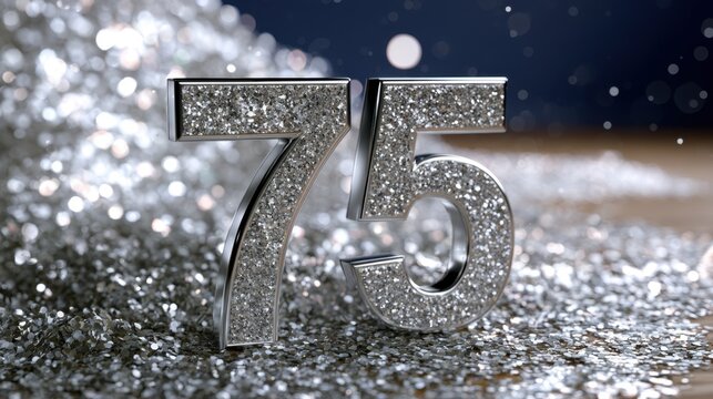 Glittering silver number 75 sparkling with dazzling rhinestones surrounded by shimmering confetti on a festive dark background for anniversary celebration