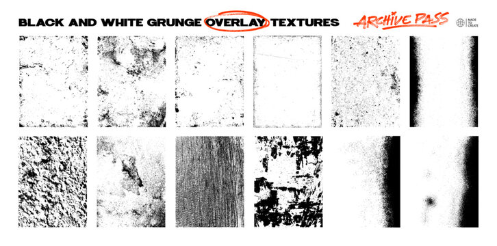Grunge stamps for overlay. Diverse textures in monochrome grunge style - distressed noise, dust, scratches, grainy, concrete, dirty border frames. Overlay textures stamps collection. Vector graphic