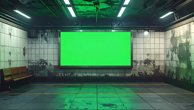 Green screen billboard in abandoned subway station, urban decay texture, industrial atmosphere for video compositing and film backgrounds