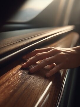 Woman's hand gently touching polished wooden trim inside car door panel illuminated by soft natural light creating a warm and elegant atmosphere