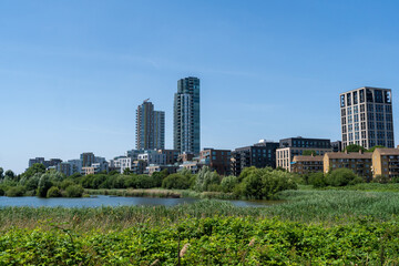 Obraz premium Modern Urban Skyline With High Rise Buildings Near Greenery and Water Body on Clear Day