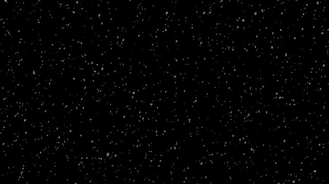 Winter snow overlay animation with falling white snowflakes, realistic snowfall seamless loop on black background, alpha channel transparency for christmas holiday design and new year videos