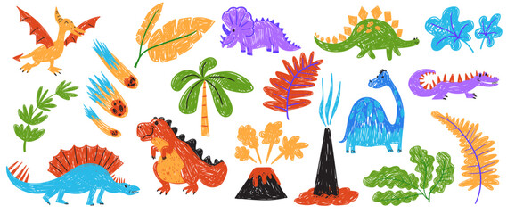 Dinosaur Set With Volcano Crayon Childish Scribble © Anna Syvak