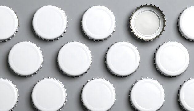 Flat lay of white metal bottle caps arranged in a pattern with one flipped over on grey background
