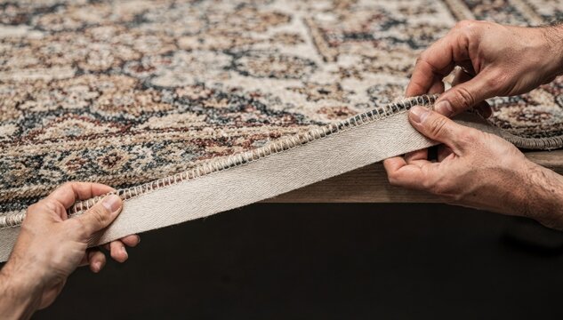 Medium shot capturing use of wide tape on rug edges showing careful alignment and secure serging to reinforce edges with a bold wide fabric border.