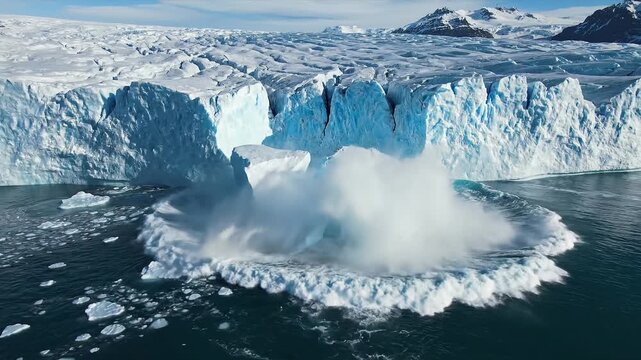Massive Turquoise Glacier Calving Into Freezing Arctic Ocean Ascending Aerial Drone Crisp Daylight Nature Video