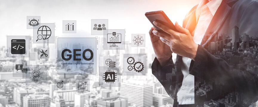 Digital marketing concept featuring GEO strategy, optimizing content for AI search engines and large language models. Evolution of SEO, brand authority, and AI citation visibility. Corpus