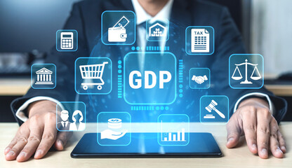 Fototapeta premium Businessman Analyzing Economic Growth with Digital Icons Representing GDP, Finance, Taxation, and Legal Aspects in Modern Office Setting Fluxor.