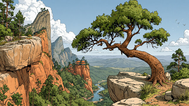 Bent pine tree on rocky cliff edge overlooking valley and river