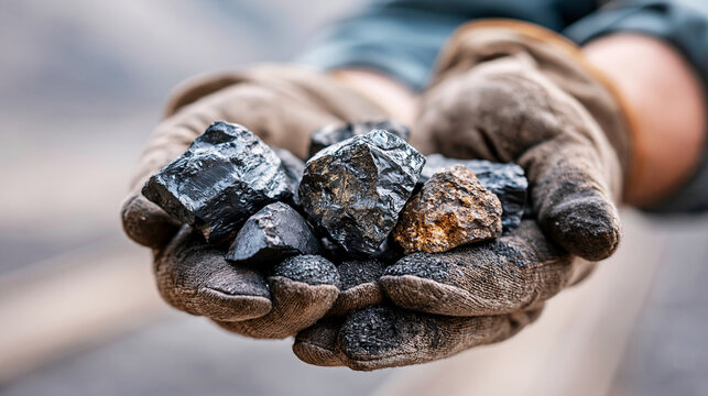 Miner hands holding various pieces of coal, showcasing their rough texture and color.