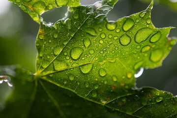 Copy space background image leaf foliage natural wet rain droplets close up macro backdrop, authentic bokeh image © Stock fresh 