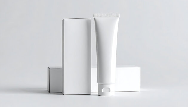 Isolated blank cosmetic tube and paper box packaging mockup for branding skincare cream, beauty product presentation, liquid foundation, lotion