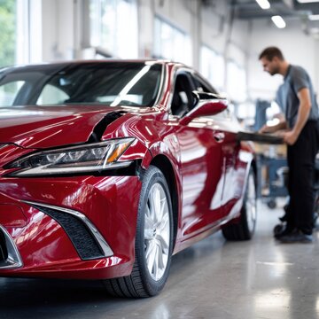 Red car with front-end damage being inspected by mechanic in a bright modern auto repair shop during vehicle maintenance and accident assessment process