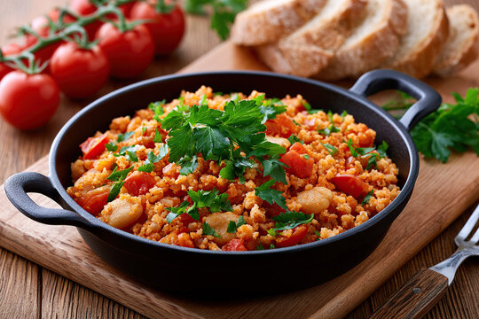 Fried breadcrumb dish named Migas on the table