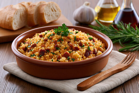 Fried breadcrumb dish named Migas on the table