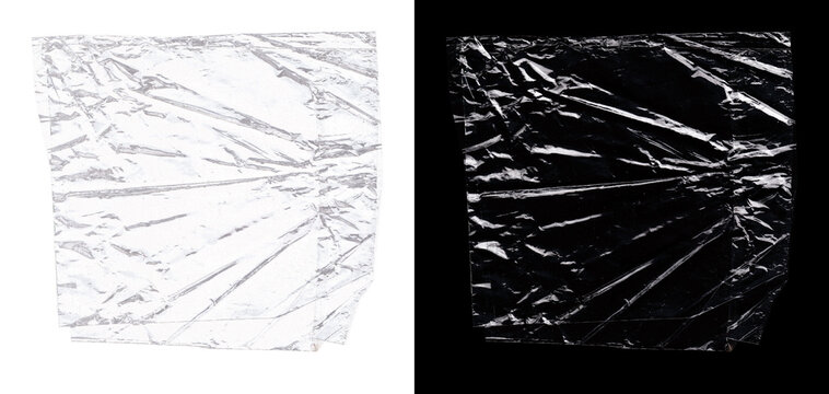 Heavily crumpled transparent plastic wrap texture with sharp creases, intense glossy reflections, and rough edges for design overlay. PNG template