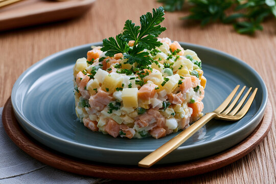Russian salad named Ensaladilla Rusa on the table