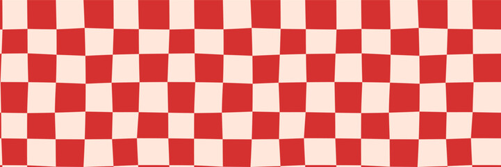 Fototapeta premium Distorted red checkerboard seamless vector pattern, Wavy squares, groovy warped plaid background