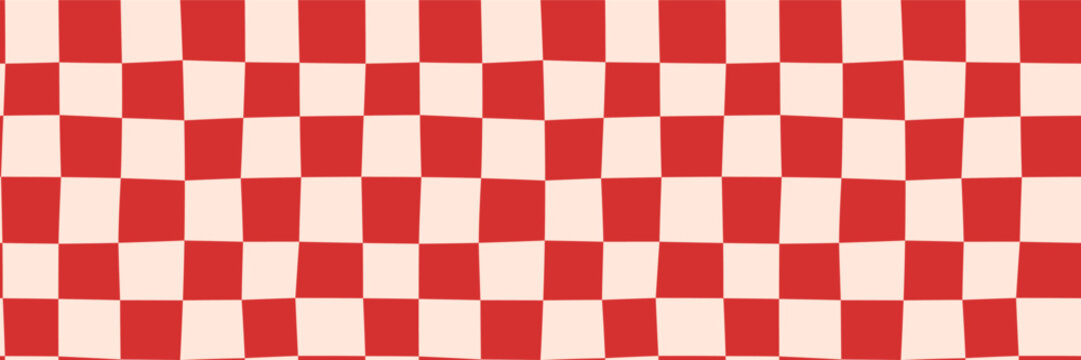 Distorted red checkerboard seamless vector pattern, Wavy squares, groovy warped plaid background