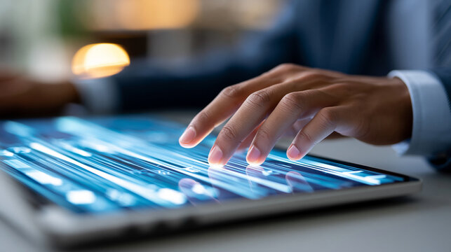 Anonymous businessman using a computer with a digital interface for SEO optimization, search engine marketing and AI technology for business growth, faceless, defocused, with copy