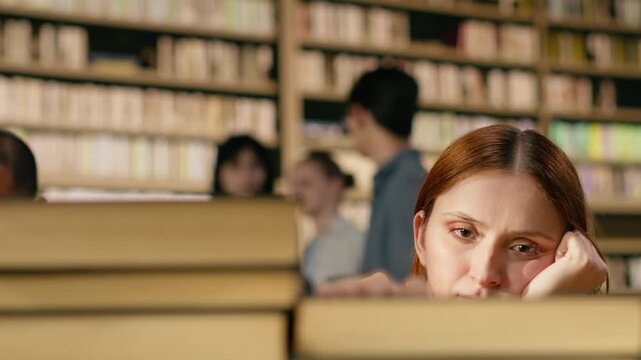 Young woman tired of reading books from tall stack at quiet library table, showing study fatigue and academic pressure during exam preparation, Finals overload.