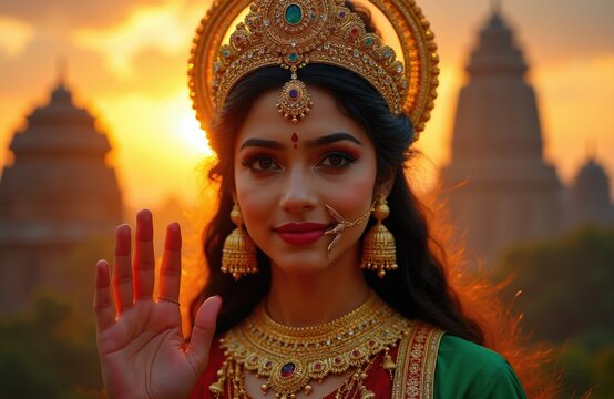 Young Indian woman in traditional attire and jewelry poses at sunset. She wears a crown and earrings, raising her hand. Temple buildings visible in background.