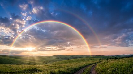 Naklejka premium natures color spectrum, a vibrant rainbow arches across a clear sky filled with fluffy clouds