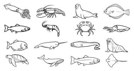 Sea Life and Marine Animals Collection, Set of Underwater Ocean Creatures Icons, Fish Lobster Whale Seal Turtle Illustration for Coloring © JakubVectorSketch