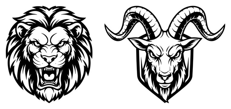 Angry Lion and Mountain Goat Head Mascots, Aggressive Wild Animal Logo Designs, Predator and Ram Head Vector Illustration