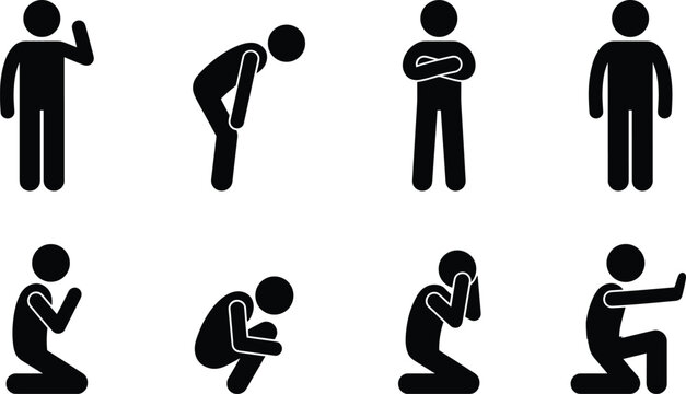 Stick figure icons set with various body language poses showing sadness depression fear and submission isolated on white background
