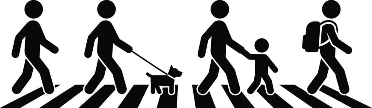 Stick figure people icons set crossing pedestrian zebra walk with child dog and backpack isolated on white background