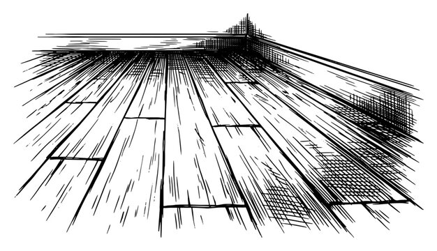 Wooden Floor Perspective Sketch, Vintage Engraving Style Interior Plank Flooring, Hand Drawn Architectural Background
